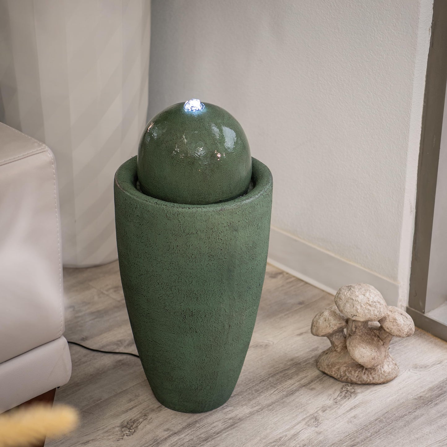 XBrand 26" Modern Sphere Water Fountain with LED Light – Indoor Outdoor Stone Texture Floor Fountain, Zen Bubbling Ball Water Feature for Garden Patio Porch - Green