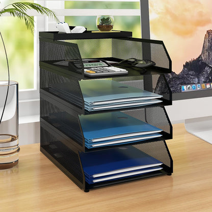 Natwind 4-Tier Paper Organizers,Desk Organizer,Stackable Paper Tray, Desk Accessories,Metal Mesh Desktop Organizer,Letter Trays,File Document Storage Rack for for Home, Office, School (Black)