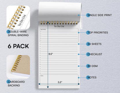 Better Office Products To Do List Mini Notepads, 5.5" x 8.5", Planning Note Pads, 50 Sheets Per Pad, Double Wire Spiral, Daily Agenda Productivity Checklist Organizer (6 Pack)