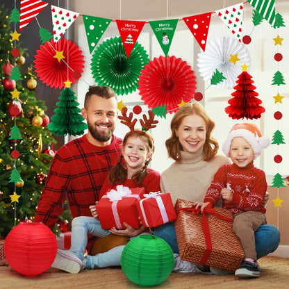 YOVIWEI Christmas Party Decorations - Red & Green Christmas Flag, Xmas Tree Honeycomb Balls Garland Paper Fans Paper Lanterns for Holiday Party Decorations Winter Party New Year's Eve Classroom Decor