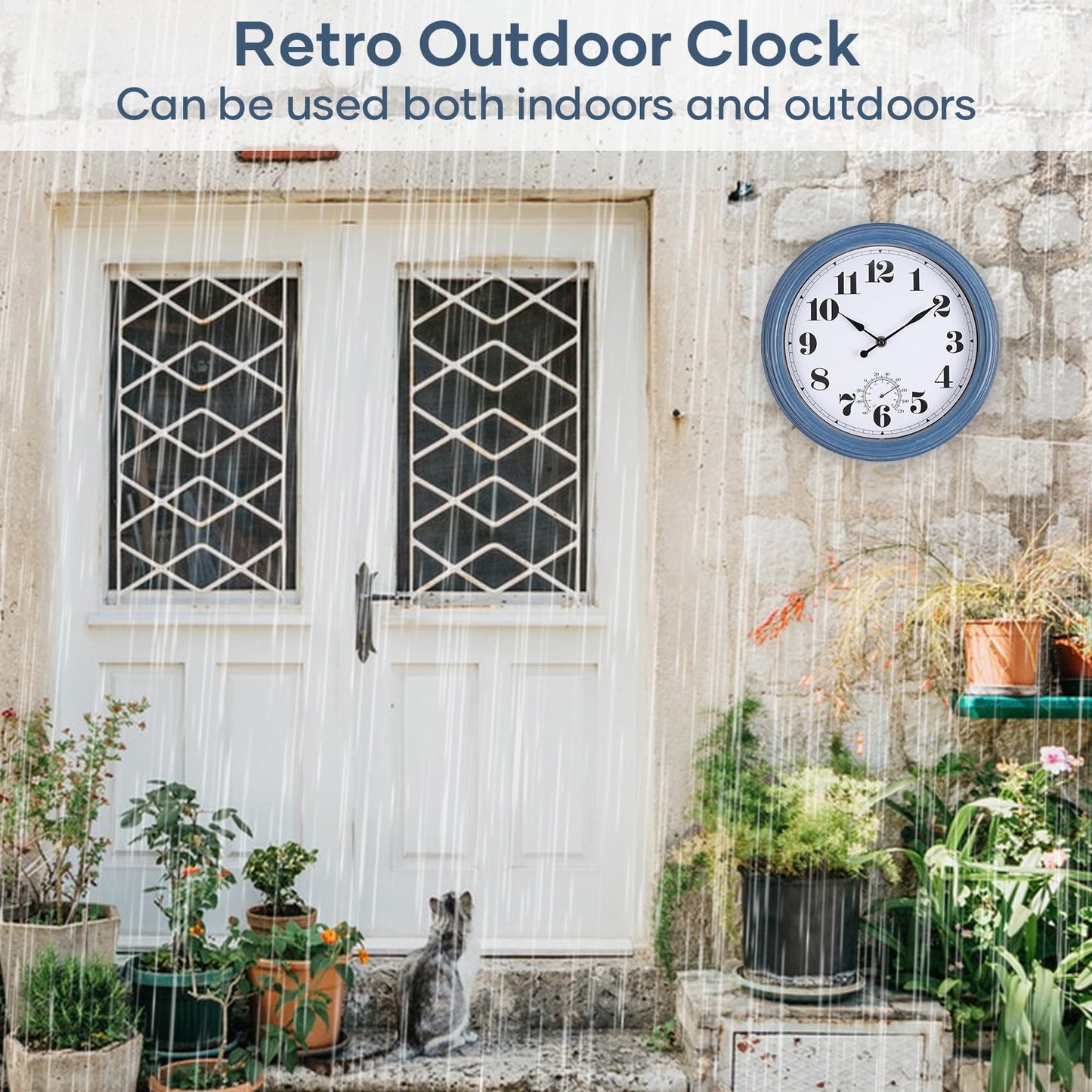 Aurowit Outdoor Clock Waterproof 14 Inch Outdoor Clocks with Thermometer Combo Wall Clock Battery Operated Non-Ticking Blue Clocks for Patio Pool