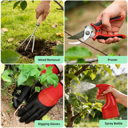 Garden Tools Set, 9-Piece Heavy Duty Gardening Tools with Clear Pocket Tote Bag, Stainless Steel Garden Hand Tools for Digging, Planting, Weeding and Pruning, Durable Gardening Kit