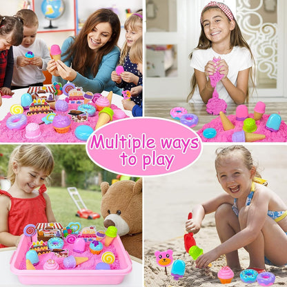 Play Sand Kit for Girls, Ice Cream Sensory Bin Sandbox, Creative Bake Shop with 2.2lbs Magic Sand, Ice Cream & Cake Models, Cleaning Tools, Pretend Beach Cake Stand Toys Gift for Toddler Ages 3-8