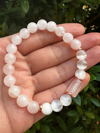 GAF TREASURES Rose Quartz and Selenite Crystal Bead Bracelet 8mm, Genuine Rose Quartz Cylinder with Copper Discs Stretch Gemstone Bracelet, Healing Crystal Bracelet, Gift for Men & Women (1)