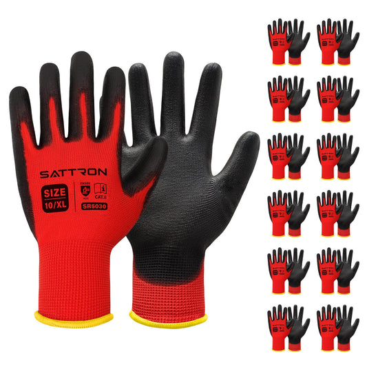 SATTRON Safety Work Gloves PU Coated, 12 Pairs Seamless Knit Gloves with Polyurethane Coating Working Gloves Excellent Grip for Men & Women, Breathable, Ideal for General Duty Work DIY (Red, X-Large)