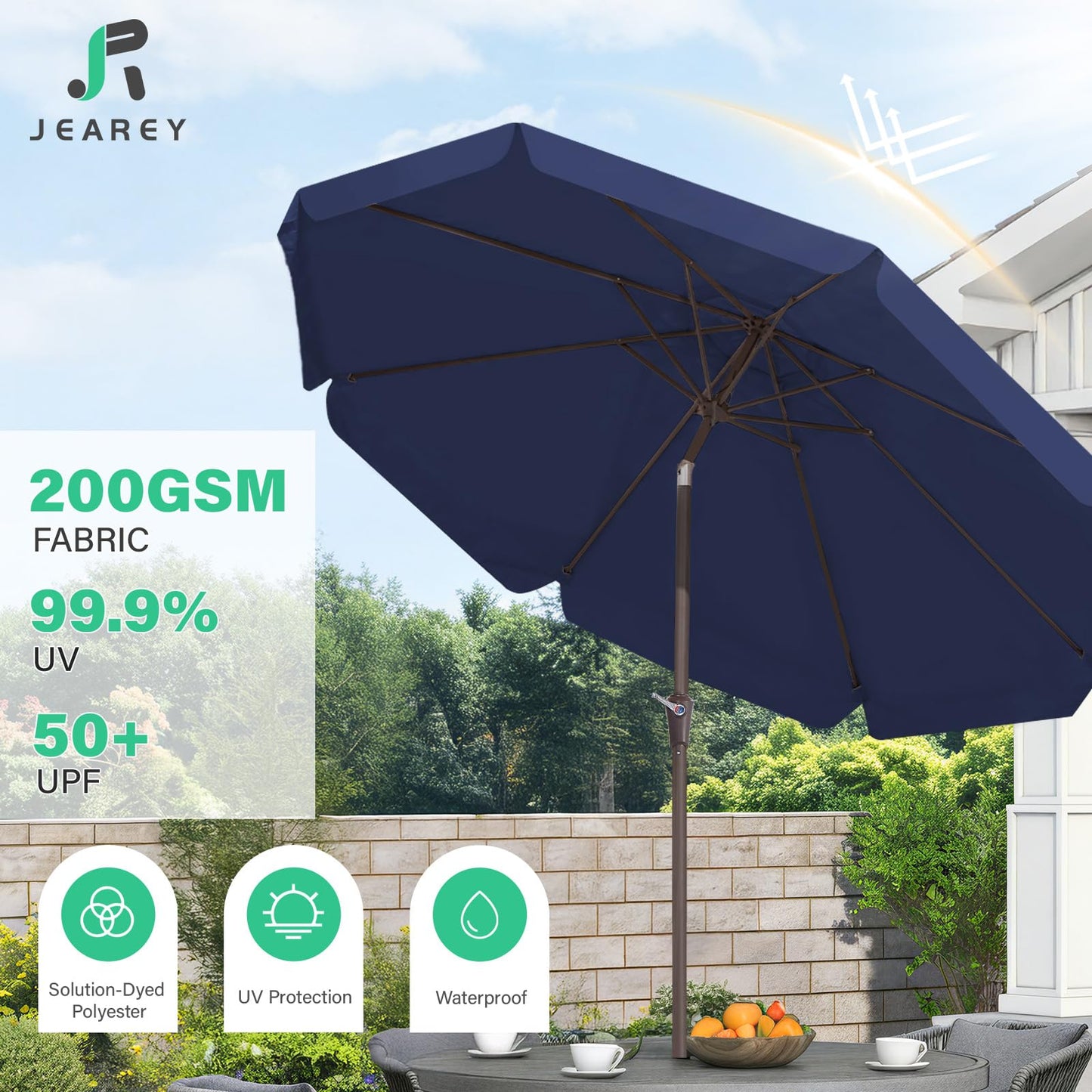 JEAREY 9 FT Patio Umbrella Outdoor, Table Umbrellas Market Umbrella w/Push Button Tilt/Crank, 8 Sturdy Ribs(Navy Blue)