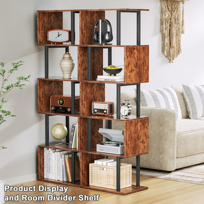 Furologee 6 Tier Bookshelf, Tall S Shaped Geometric Bookcase, Modern Display Shelf Standing Unit, Wood Metal Decorative Divider Rack for Living Room Bedroom Office, Rustic Brown