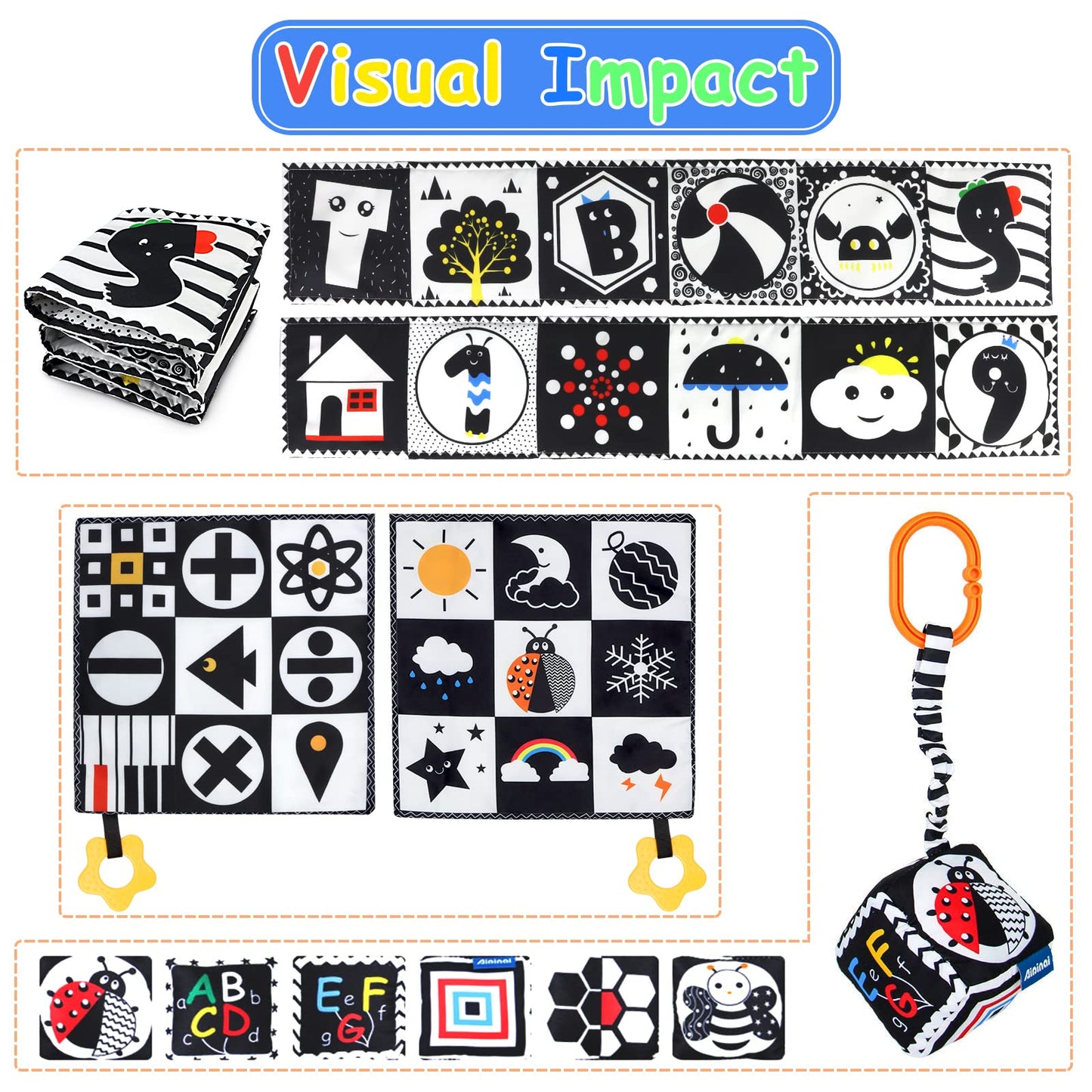 KUANGO 3 PCS Black and White High Contrast Baby Toys Newborn Toys 0-6 Months, Visual Stimulation Sensory Soft Book, Infant Tummy Time Toys 0-3-6 Months Baby Gifts