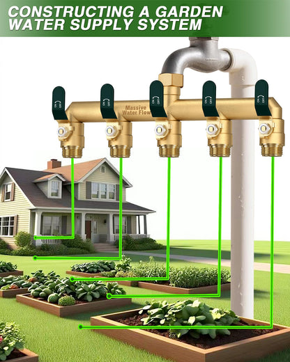 5 Way Hose Splitter, Heavy Duty Full Flow Garden Hose Splitter with 5 Large Metal Handles, Brass Water Hose Bib Splitter, T Adapter Connector with 3/4 - Inch GHT Thread (Green)