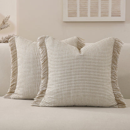 Hahbabya Boho Throw Pillow Covers 18x18 Set of 2 Soft Cotton Striped Fringe Pillow Cover Farmhouse Cushion Covers with Elegant Handmade Tassel Decorative Square Pillowcase for Couch Sofa Bed, Khaki