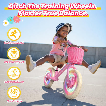 Adjustable Toddler Balance Bike for 2-5 Years Old,Kids Balance Bike with Basket,Kids Bicycle for 2 3 4 5 Years Old Girl Birthday Christmas Toy Gift,Soft Seat & Handlebar,Puncture-Proof LED Tire,Pink