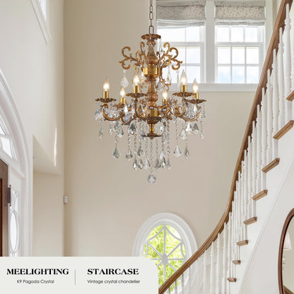 MEELIGHTING Luxury Antique Bronze Crystal Chandeliers with Candle Pendant Ceiling Light Fixture - 6 Lights Gold Crystal Chandelier for Dining Room, Living Room, Kitchen, Bedroom - D23 inch