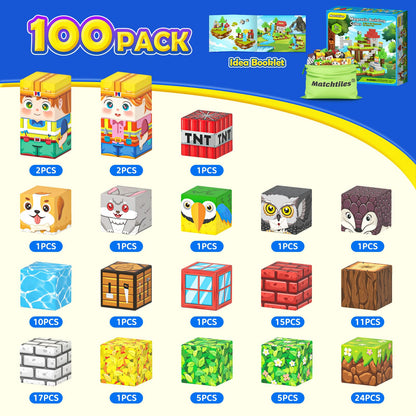 Matchtiles Magnetic Blocks with Animals, Magnetic Building Blocks Magnet Cube Toys Stacking, Build Forest World Set, STEM Montessori Sensory Toys for Gifts (100 Forest Animals)