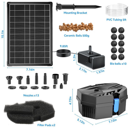POPOSOAP Solar Fountain Pump with Pond Filter Kit Built-in 3000mAh Battery Backup, 8W Solar Water Fountain Pump, Pond Filters for Outdoor Ponds Bird Baths DIY Water Feature