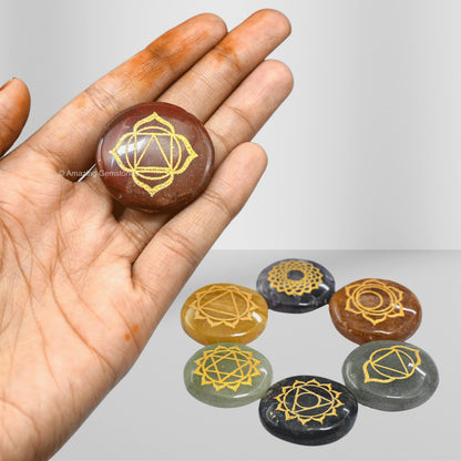 Amazing Gemstone 7 Chakra Set Reiki Healing Crystal with Engraved Chakra Symbols - Chakra Balancing Polished Palm Stones Set with Velvet Pouch
