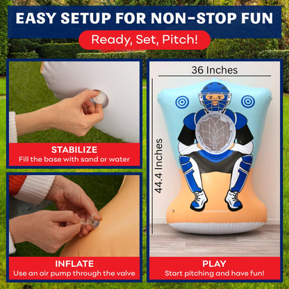 Preferred Toys Inflatable Baseball Pitching Target for Kids 3 and Above - Double-Sided Throwing Toss Game with 4 Soft Balls - Indoor Outdoor Baseball Toys Training Equipment - Red/Blue