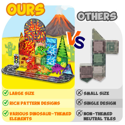 Magnetic Tiles with 4 Dinosaur Toys - Jurassic Scenes Dino World Magnet Tiles for Kids, Magnetic Building Blocks Set for Boys Girls Ages 3+, Sensory Toddler Creative Games Birthdays Gifts