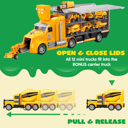 JOYIN 25-in-1 Construction Truck Toy Set with 12 Vehicles & 12 Worker Figures, Push and Go Toy Trucks with Sound and Light, Construction Toys Birthday Gifts for Kids 3 4 5 6 7 Years Old