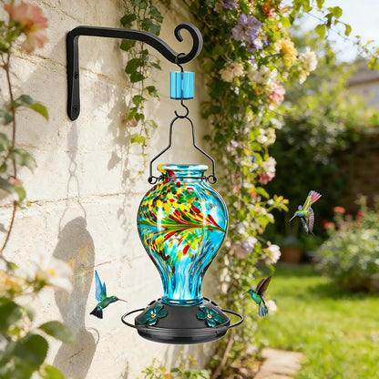 Tegarbed Hand Blown Glass Hummingbird Feeders for Outdoors Hanging, 24oz Wild Bird Nectar Feeder with Ant Moat and Perch, Bee-Resistant Ports, Garden Decor, Gifts for Women Mom, 1 Pack, Blue Phoenix
