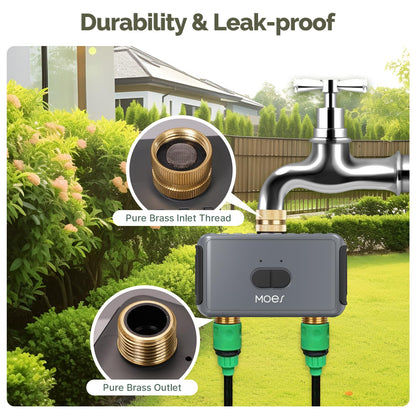 MOES WiFi Sprinkler Timer 2 Zone with Brass Inlet & Outlet, Water Timer for Garden Hose Faucet, Programmable Watering Irrigation 2 Outlet, Smart Watering System for Lawns and Yard Work with hub