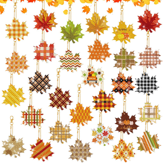 WILLBOND 30 Pcs Fall Thanksgiving Diamond Art Keychains Double Sided DIY Maple Leaf Fall Diamond Painting Keychain Ornaments Kits for Adults Key Ring Art Pendant Thanksgiving Tree Decor