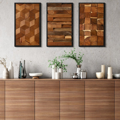 Glenmal 3 Pcs Wood Wall Art Decor 14 x 7 Inch Textured Wooden Wall Art Aesthetic Rustic Cubic Hanging Decor Framed Decorative Farmhouse Bedroom Boho Modern Home Decorations for Living Room