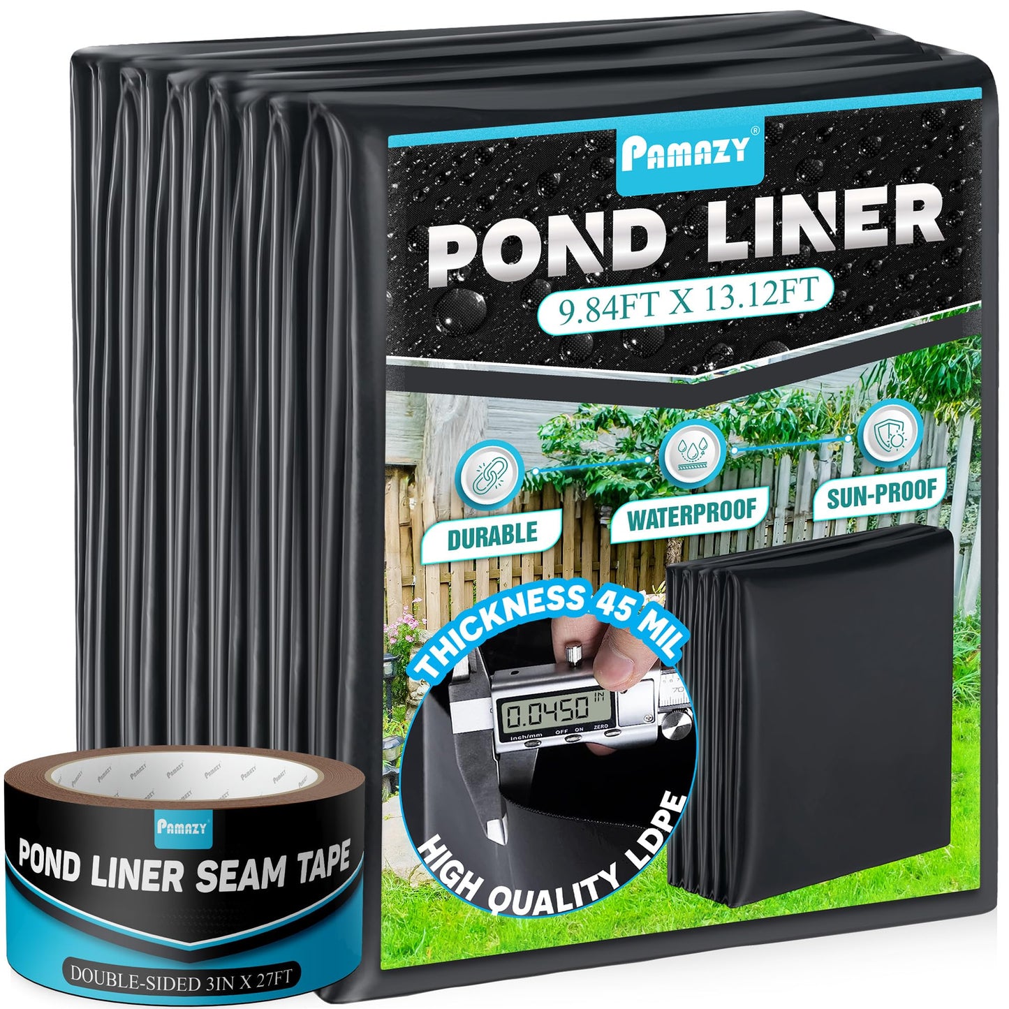 PAMAZY [Premium] 45 Mil LDPE Pond Liner with Seam Tape, Pond Lining for Fish Pond, Performed Garden Ponds, Large Pond Liner for Fishpond, Koi Pond, Waterfall, Streams (9.8 x 13.1FT)