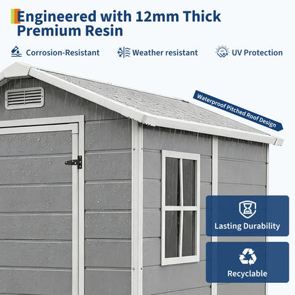 4x6 ft Outdoor Storage Shed with Floor, Plastic Resin Garden Shed with Window & Lockable Door, Tool Shed for Patio, Backyard, Lawn Mower, Bike Storage