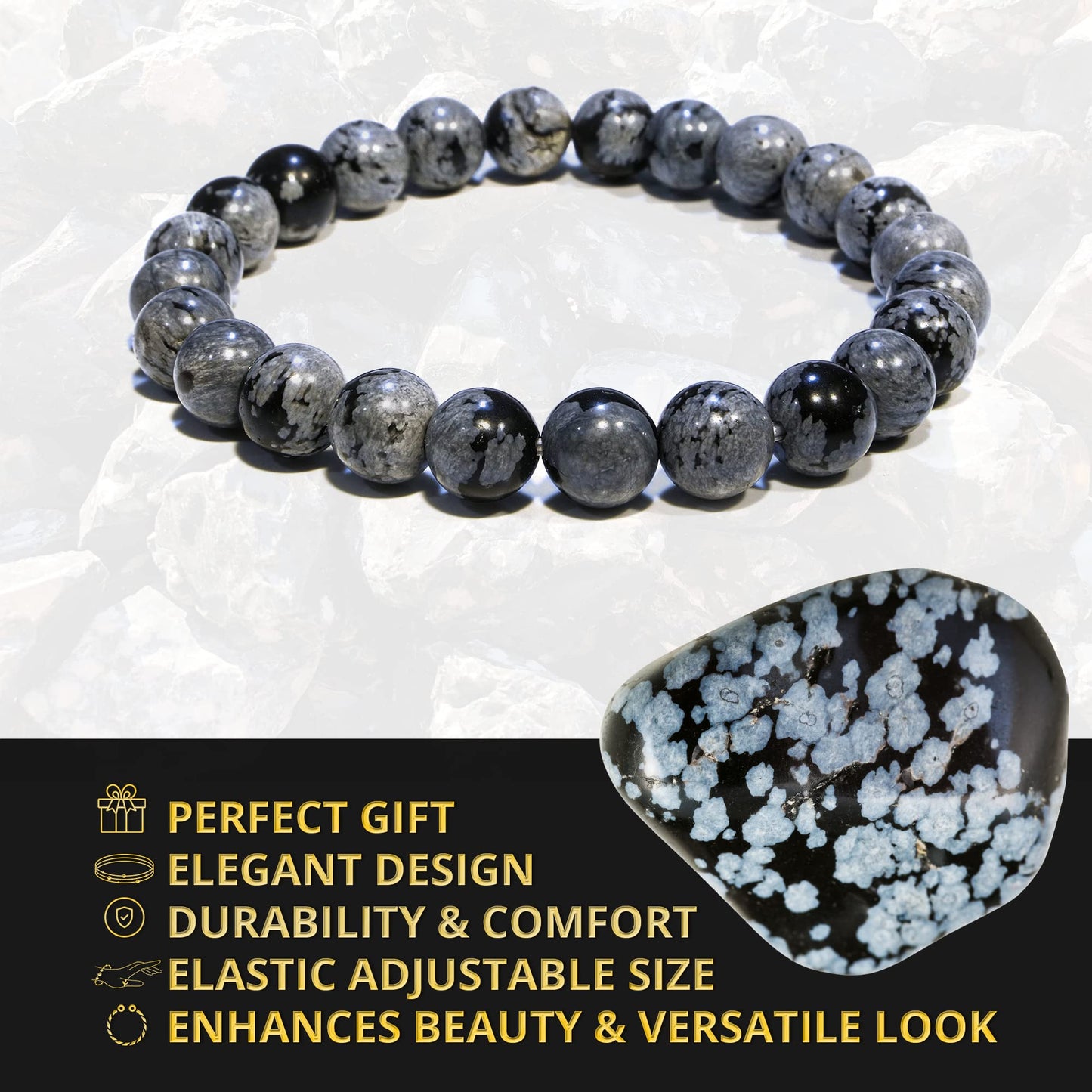 ANAYA AGATE Natural Snowflake Obsidian Bracelet, Healing Crystal Bracelet for Women and Men, 8mm Round Beaded Bracelet for Spiritual, Protection, Positive Energy, Elastic Adjustable Size Gemstone Bead Bracelet