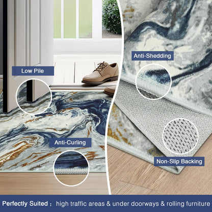 2x8 Kitchen Runner Rugs Washable Blue Soft Hallway Runner Non Slip Marble Entryway Rug Abstract Laundry Mat Stain Resistant Carpet for Entryway Bedroom Bathroom Beside Rug