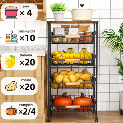 5-Tier Rolling Utility Cart, Kitchen Storage Cart with Wheels, Large Capacity Utility Cart with Wooden Tabletop & Mesh Baskets for Kitchen, Bathroom, Laundry Room