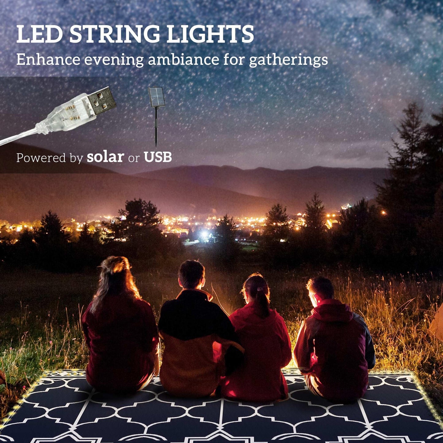 Outsunny Reversible Outdoor Rug Carpet with LED Lights, 10' x 8' PP Straw Rug, Portable RV Camping Mat with Carry Bag and Ground Stakes for Backyard, Deck, Picnic, Beach, Dark Blue and White