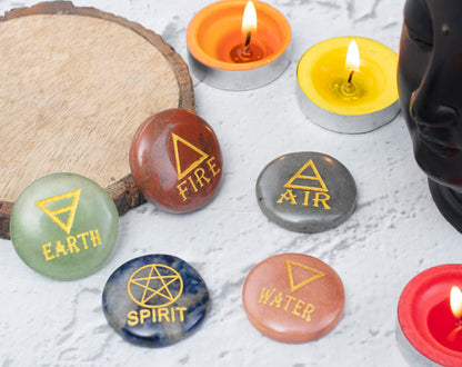 Crocon 5 Elements Assorted Stones Round Shape Engraved Triangle Symbols (Earth Air Fire Water Spirit) Polished Palm Stones for Gemstone Reiki Crystals Healing Stones Meditation Divination Gifts
