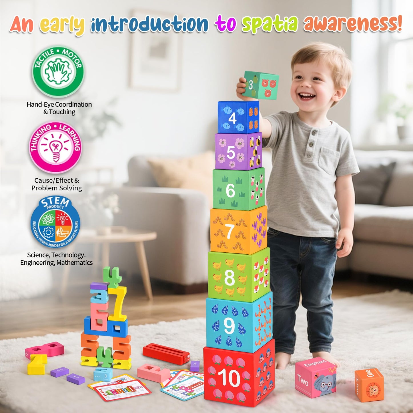Wooden Number Building Blocks & Stacking Toys for Toddlers 3+ Years Old, Digital Building Blocks, 1-10 Digital Blocks Toys, Balance Competition Toy, Educational Gift for Kids Boys and Girls