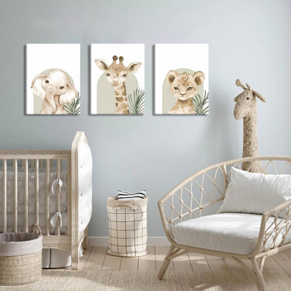Nursery Wall Decor Set of 3, Cute Animal Lion Elephant Baby Pictures Poster Prints, Giraffe Jungle Canvas Wall Art Woodland Nursery Decor for Boys Girls Room Decoration 12x16 inch Framed