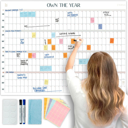 Own the Year GIANT UNDATED Wall Calendar | 4ft x 3ft Full-Year Dry Erase Planner Start Anytime, Jumbo Whiteboard Wall Calendar with Markers, Includes Stickers & Mounting Kit, Large Quarterly Layout for Home or Office