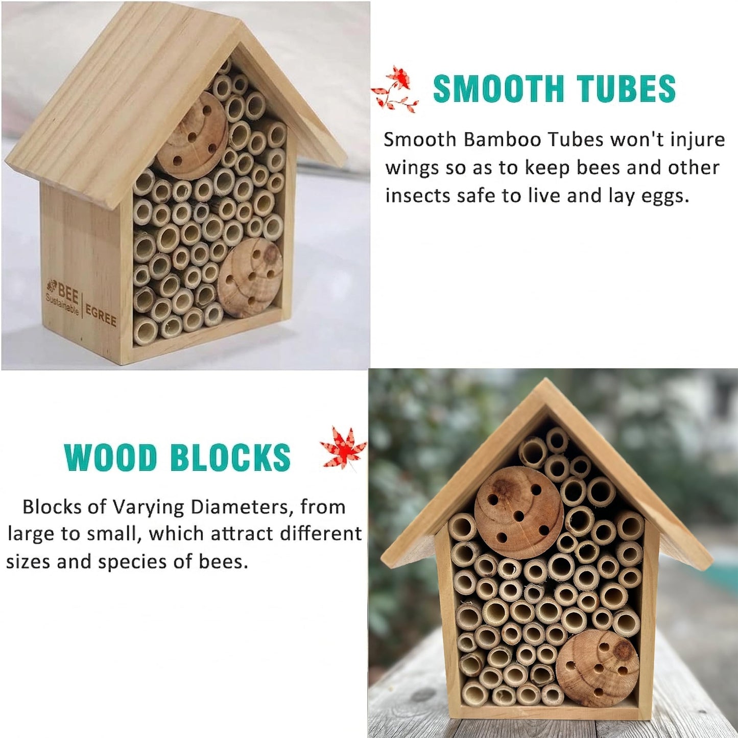 EGREE Mason Bee Houses Outdoor Wooden Bee Hotel for Garden and Yard Hand-Made Bamboo Bee Hive for Bees Butterflies and Ladybugs, Medium Size 8"x7.5"x5", Natural Finish