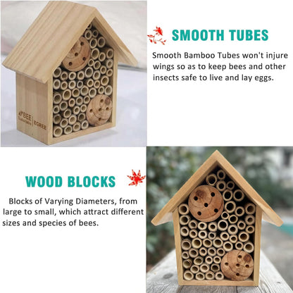 EGREE Mason Bee Houses Outdoor Wooden Bee Hotel for Garden and Yard Hand-Made Bamboo Bee Hive for Bees Butterflies and Ladybugs, Medium Size 8"x7.5"x5", Natural Finish