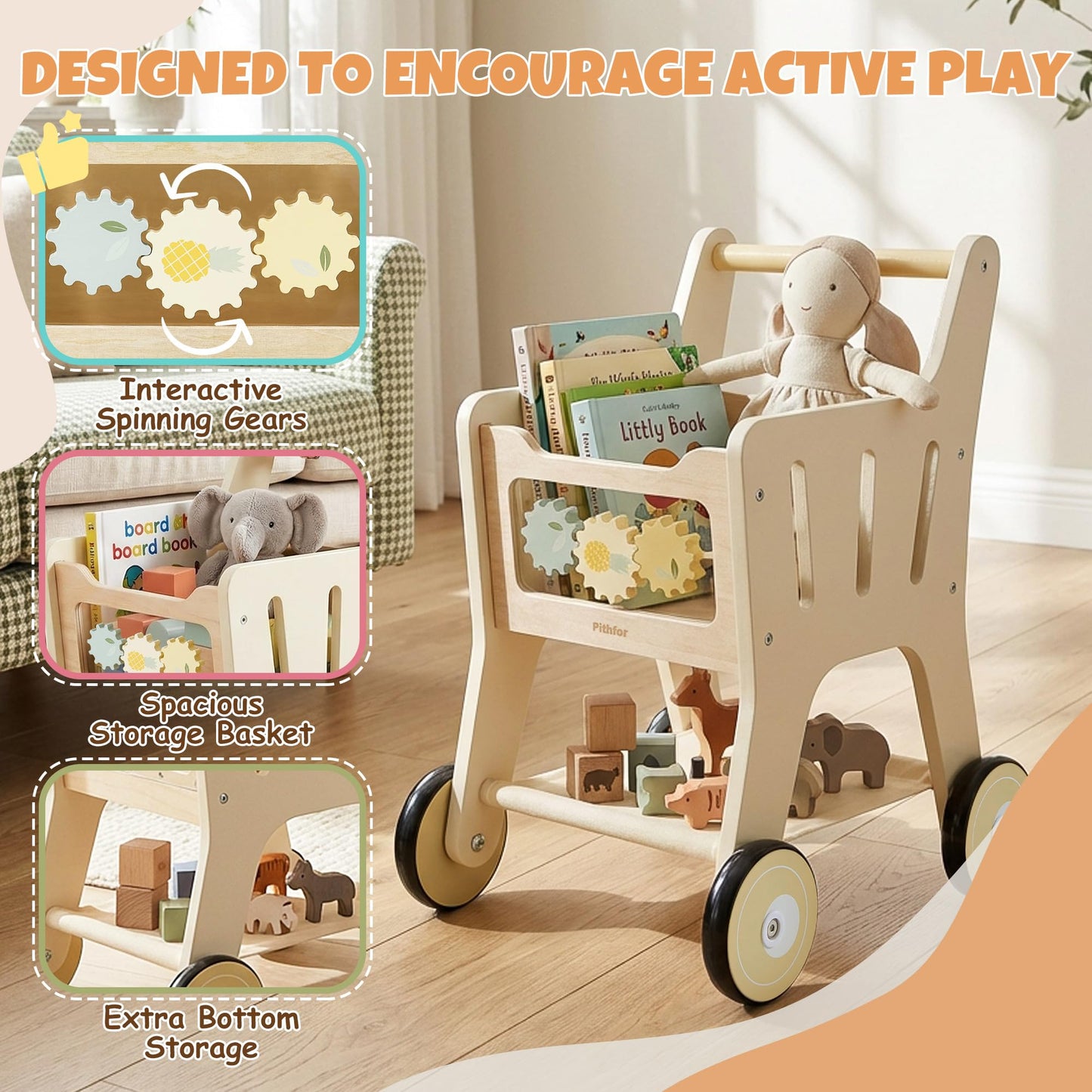 Pithfor Wooden Shopping Cart for Kids, 3 in 1 Wooden Baby Push Walker, Baby Doll Stroller, Toy Shopping Cart for Toddlers 1-3