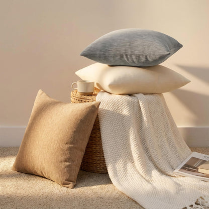 Set of 4 Neutral Throw Pillow Covers 18x18 Inch, Neutral Boho Farmhouse Aesthetic Decorative Pillow Cases for Couch, Sofa, Living Room & Bed, Soft Chenille Pillow Cases, Stylish Home Decor, 45x45 cm