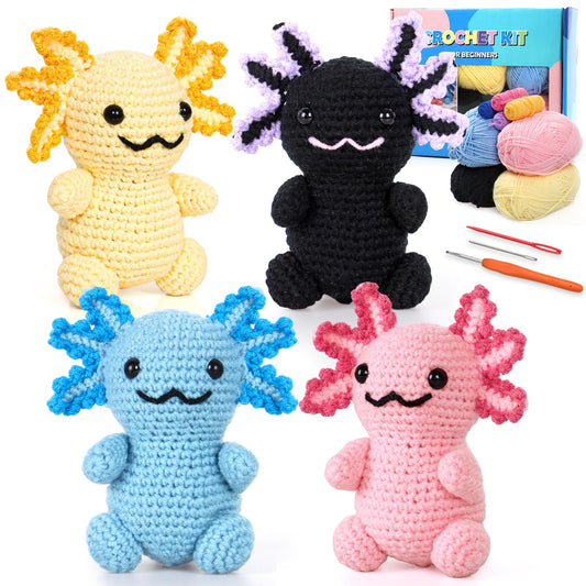 Weldomcor Crochet Kit for Beginners, Amigurumi Crocheting Animals Kits for Adults with Step-by-Step Video Tutorials Knitting Yarn Hooks DIY Crafts Starter Supplies Gifts Set (4 Pcs Mini Axolotls)
