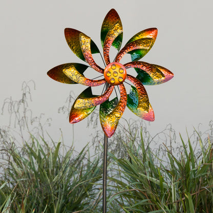 Alpine Corporation 64" Tall Floral Windmill Stake with Jeweled Kinetic Spinner, Green and Orange
