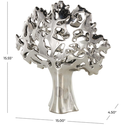 Deco 79 Ceramic Tree Decorative Sculpture Glossy Home Decor Statue with Abstract Cutouts, Accent Figurine 15" x 5" x 16", Silver