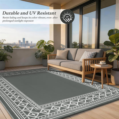 LBRO2M Waterproof Outdoor Rugs 8X10 for Patio Outdoor Plastitc Straw Rug Reversible Outdoor Border Rugs RV Rug for Deck, Pinic, Beach (8X10, Gray)