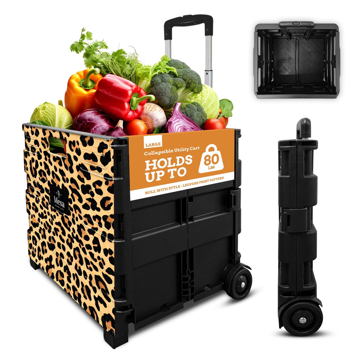 Inspired Living Ultra-Slim Rolling Collapsible Storage Pack-N-Roll Utility-carts, with Telescopic Handle, for Home, Garden, Shopping, Office, School use, Large, Leopard