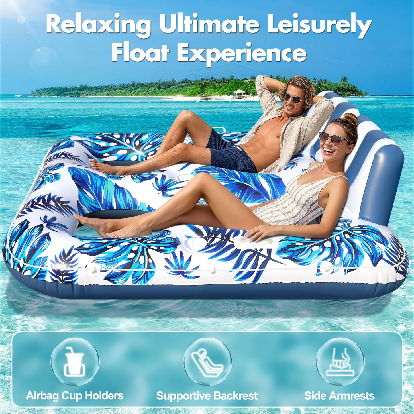Sinbyuer 2 Person Inflatable Pool Floats Adult, 66x62 Inch Pool Lounger Float with Cup Holders & Backrest, 0.4mm Thickened Pool Float Recliner Pool Rafts, Floating Pool Chair Water Floaties for Adults