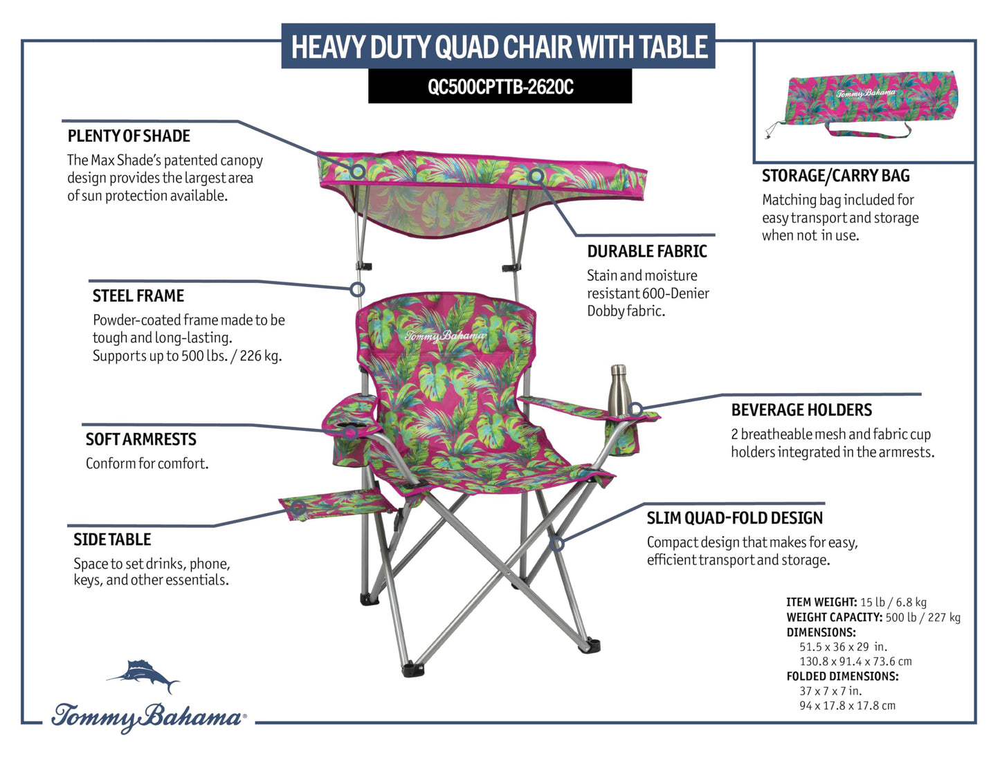 Tommy Bahama Extra-Wide Folding Beach Chair with Max Shade Canopy, Side Table, and Cup Holders, 25" W Outdoor Portable Camping Chair with Canopy, Supports up to 500 lbs., Pink/Green