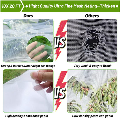 Cludoo 67pcs Garden Mesh Netting Kit,6 Sets Wide Garden Hoops with 10x20 ft Garden Covers Bird Netting& 12 Clips, Garden Protection for Raised Beds Greenhouse Vegetable Plants Flowers Animals