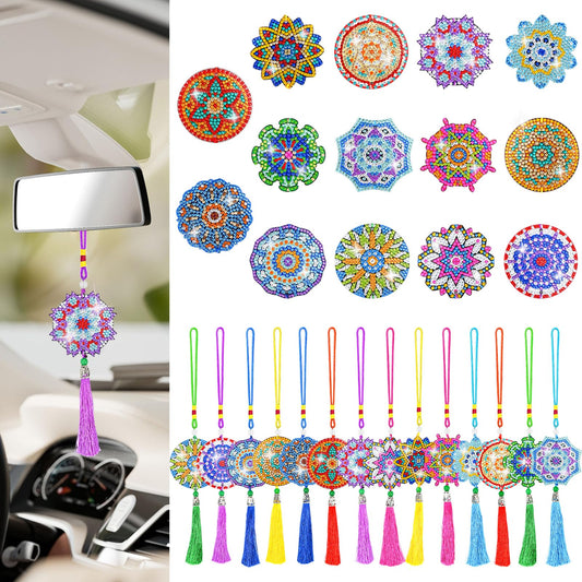 LINGFANG 14 Pcs Diamond Painting Hanging Ornaments, Double Sided Diamond Car Ornament Wind Chimes, Diamond Art Suncatcher Crystal Gem Home Decoration Paint 5D DIY Kits for Adults (Mandala)