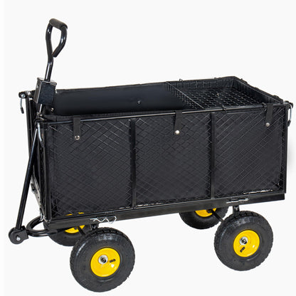 4-in-1 Heavy Duty Garden Wagon Utility Cart 880LBS, Steel Mesh Dump Wheelbarrow with 10" All-Terrain Wheels, Removable Sides & Liner, Extra High Fence, Outdoor Lawn Patio Yard Landscaping, Black